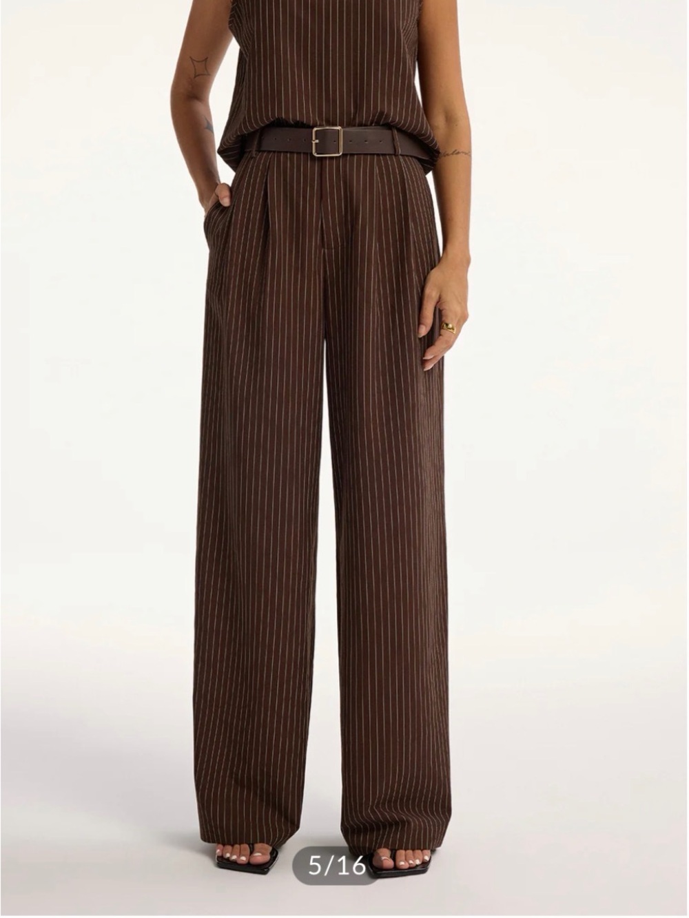 Striped Brown Wide-Leg Jumpsuit with Belt - Picture 5 of 6